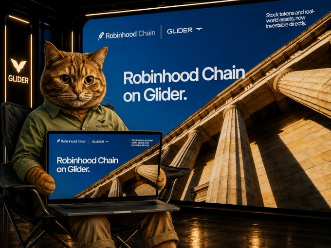 An animated orange tabby cat wearing a Glider jacket works on a laptop displaying 'Robinhood Chain on Glider', with matching promotional signage and a classical columned building in the background.