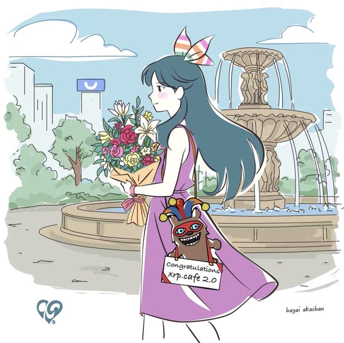 An anime-style illustration of a girl in a pink dress holding flowers, with a small jester character attached to her dress holding a 'congratulations xrp.cafe 2.0' sign, signed by artist hayai akachan.
