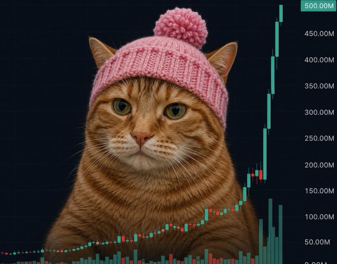 An orange tabby cat wearing a pink pom-pom beanie sits in front of a cryptocurrency chart showing a steep upward price trend, with values displayed in millions (50.00M to 500.00M) on the y-axis. The image visually represents the post's thesis about the meme coin "HOBBES," illustrating the dramatic price growth trajectory as the community expanded from a small group to an "army" of supporters, fueling the conviction that the token could reach a $1 billion valuation.