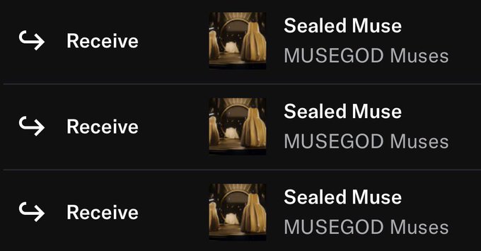 A mobile app screen showing three identical 'Receive' options for 'Sealed Muse' from MUSEGOD Muses, each featuring a thumbnail image.