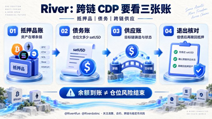Infographic titled 'River: 跨链 CDP 要看三张账' explaining a cross-chain CDP process with steps 01-04 for collateral, debt, and cross-chain supply accounts.