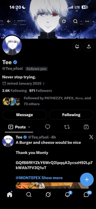A Twitter/X profile for user 'Tee' (@Tee_ofsol) with an anime-style banner, showing they joined January 2025, have 2.6K Following and 971 Followers, and a recent post says 'A Burger and cheese would be nice. Thank you Monty' with a crypto address.