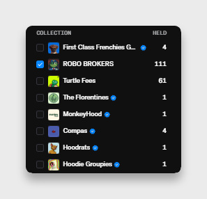 A screenshot of a digital collection inventory displays various NFT holdings, including "ROBO BROKERS" with a count of 111 highlighted in blue, alongside other items like "First Class Franchise G..." (4), "Turtle Fees" (61), "The Florentines" (1), "MonkeyHood" (1), "Compas" (4), "Hoodrats" (1), and "Hoodie Groupies" (1). The prominent display of the 111 Robo Brokers NFTs directly supports the post about recently minting new Robo Brokers tokens.