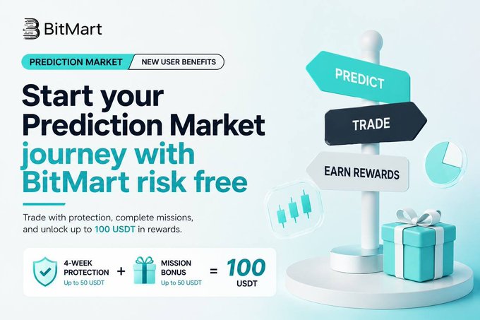 An advertisement banner for BitMart's 'PREDICTION MARKET' inviting users to 'Start your Prediction Market journey with BitMart risk free,' highlighting new user benefits of up to 100 USDT in rewards.