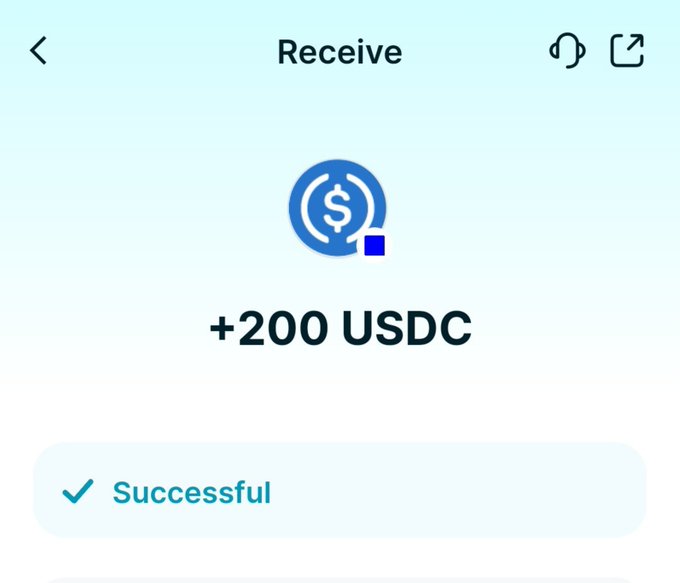 A screenshot of a mobile app interface showing a successful transaction receiving +200 USDC.