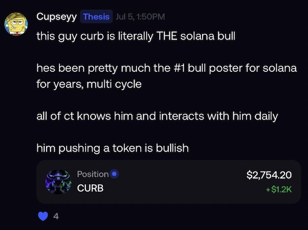 A Discord message from user "Cupseyyy" in the Thesis channel praises someone named "curb" as "THE solana bull" and "#1 bull poster for solana for years," calling his token promotion "bullish." The post references a $2,754.20 position in $CURB with +$1.2K in gains, supporting the accompanying note "cupsey said it. $CURB."
