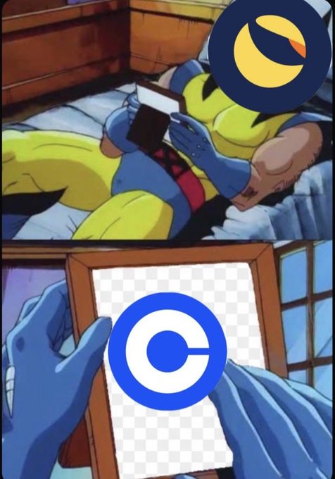 A two-panel meme featuring Wolverine lying in bed reading, with a logo obscuring his face and the Coinbase logo covering his groin area.