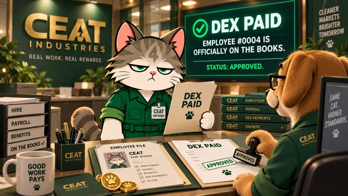 A whimsical illustration of an anthropomorphic cat working at a CEAT Industries desk processing 'DEX PAID' employment paperwork, with a screen displaying 'DEX PAID EMPLOYEE #0004 IS OFFICIALLY ON THE BOOKS. STATUS: APPROVED' and text like 'REAL WORK. REAL REWARDS.' and 'CLEANER MARKETS BRIGHTER TOMORROW'.