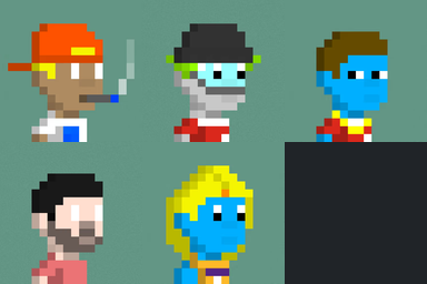 Pixel art sprites of five characters with varied skin tones and outfits against a green background.