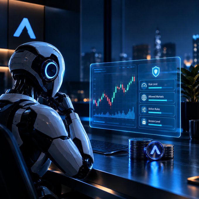 A sleek humanoid robot contemplates a glowing holographic trading dashboard displaying candlestick charts and a "Constrained Credit" menu with options for Risk Limit, Allowed Markets, Action Rules, and Access Level, with an "Agentics" coin resting on the desk beside it. The image visually reinforces the post's message about giving AI trading agents structured boundaries—rather than unfettered capital—through configurable risk controls and access limitations.