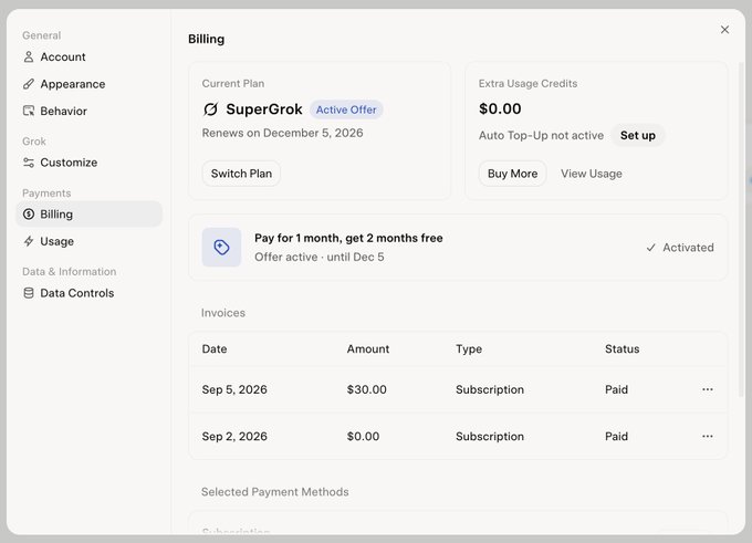 The image shows a Billing page confirming the user's **SuperGrok** plan is active with a successful $30 subscription payment on **Sep 5, 2026**, directly supporting the post's claim that the $30 for 3 months of SuperGrok has been charged successfully.