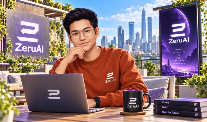 A branded promotional image shows a young man with a laptop, mug, and books labeled “ZeruAI,” while nearby signage reads “PEOPLE CREATIVITY AI WEB3 SUPERIOR TOMORROW” and “Own the Future.”