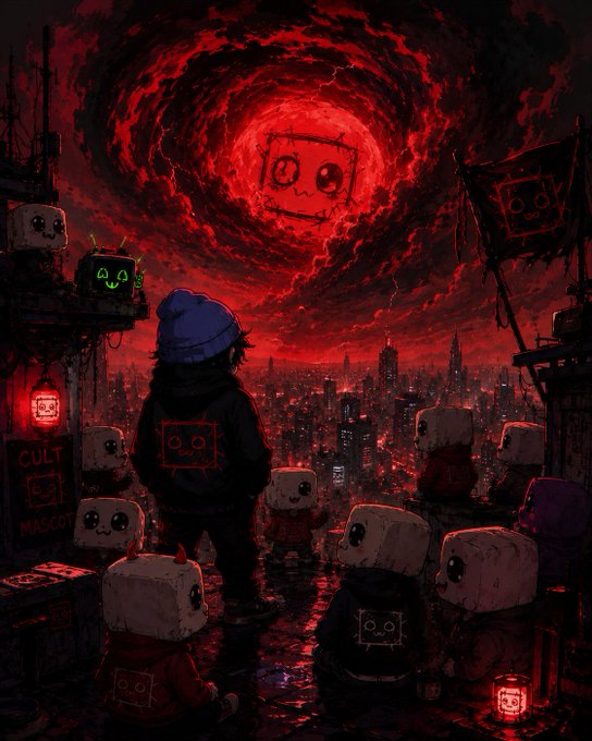 Dark, stylized digital illustration of a hooded figure overlooking a red-skied cityscape filled with small, blocky mascot-like creatures, with a large square face glowing in the crimson clouds above and 'CULT MASCOT' visible on a sign.