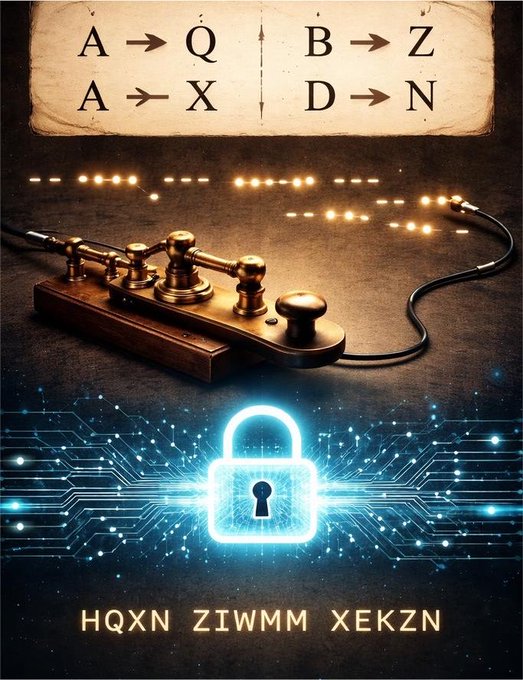 An artistic image featuring a vintage telegraph key connected by glowing lights, with a bright blue digital padlock below and cipher text 'HQXN ZIWMM XEKZN' at the bottom, suggesting cryptographic or coded communication.