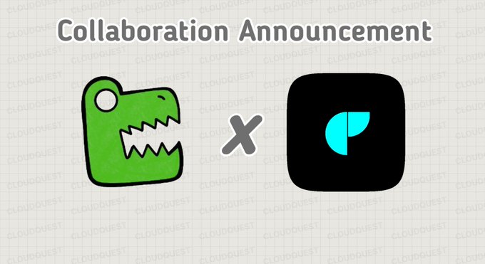 A collaboration announcement graphic features a green crocodile character logo paired with a black app icon containing a teal "P" symbol, separated by an "X" to indicate a partnership, under the heading "Collaboration Announcement." The post indicates this represents a partnership between Cloud Quest and Crocpad, the all-in-one NFT and token launchpad for Robinhood Chain.