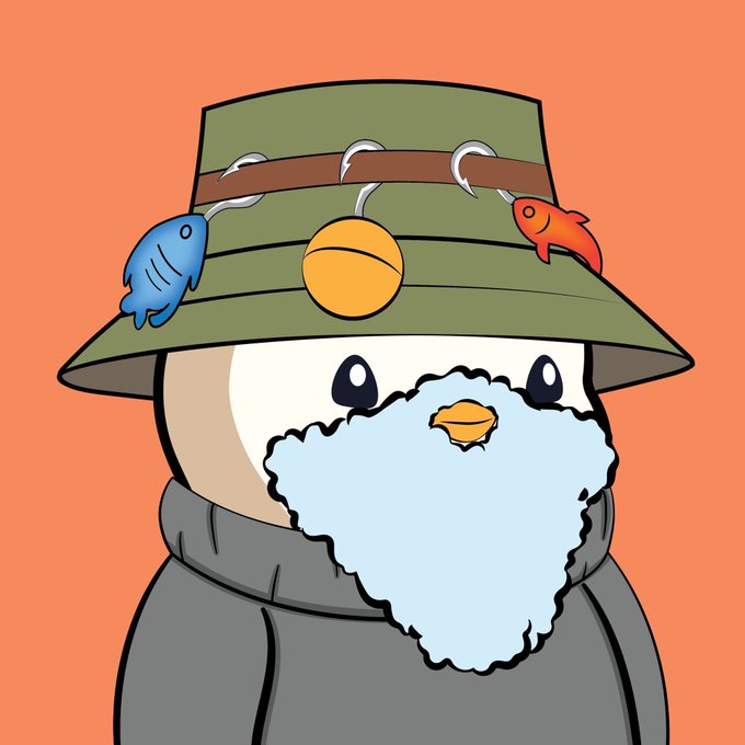 A cartoon penguin dressed as an angler-fisherman wears a green bucket hat adorned with fishing lures and a fluffy white beard, fitting the "Pengu Morning" post. The cute character sports a gray turtleneck against a bright orange background.