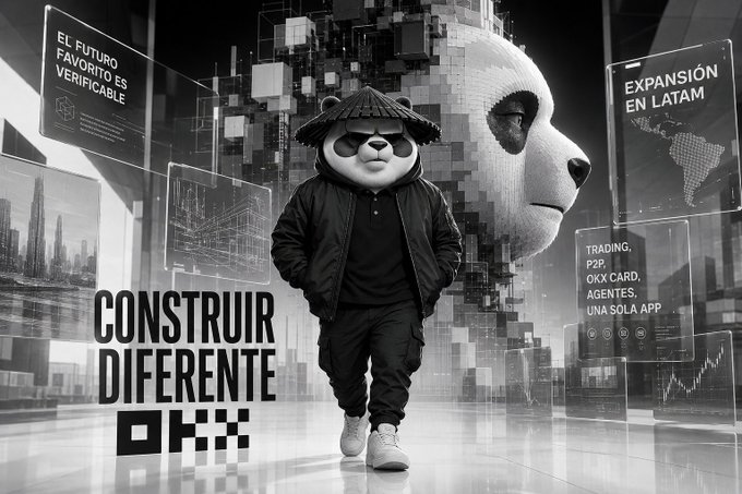 A black-and-white promotional graphic featuring a person in a panda costume and conical hat with text 'CONSTRUIR DIFERENTE' alongside Spanish phrases 'EL FUTURO FAVORITO ES VERIFICABLE' and 'EXPANSIÓN EN LATAM', referencing trading services including P2P, OKX Card, and a mobile app.
