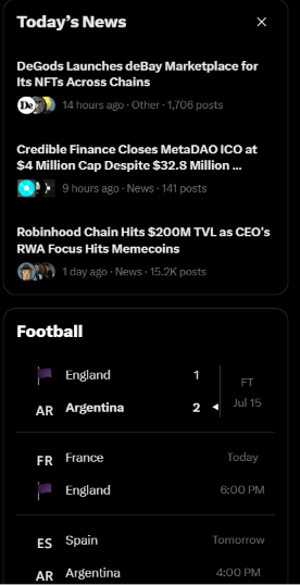 A digital dashboard displaying "Today's News" with crypto headlines about DeGods, Credible Finance, and Robinhood Chain, alongside a "Football" schedule showing England vs Argentina (1-2 FT, Jul 15) and upcoming matches.