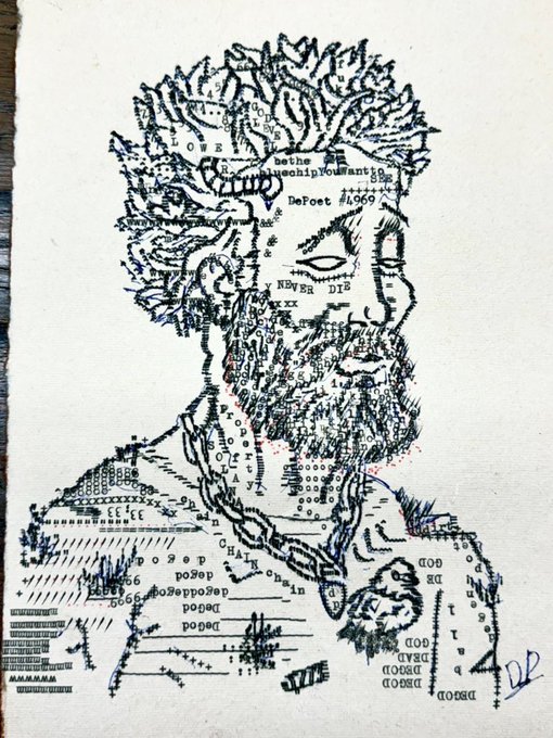 An artistic black ink drawing of a bearded man on a paper-textured background, creatively composed of text and ASCII characters including phrases like 'DeFeat' and 'PoPeD', signed 'DR' in the bottom right corner.