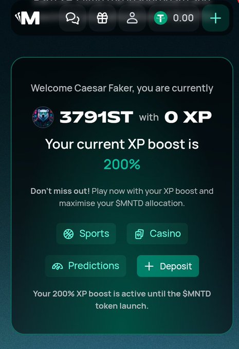 A mobile app welcome screen for 'Caesar Faker' showing rank '3791ST with 0 XP' and a '200%' XP boost, with buttons for Sports, Casino, Predictions, and Deposit.