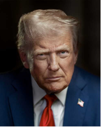 A portrait photograph of Donald Trump wearing a navy blue suit and a red tie, with a serious facial expression.