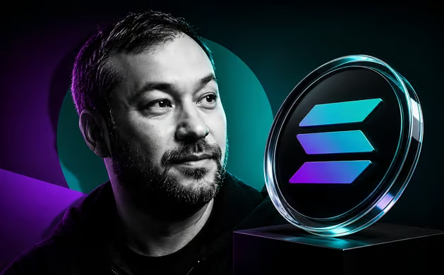 A bearded man appears alongside a glowing Solana (SOL) coin logo against a dark, stylized background.