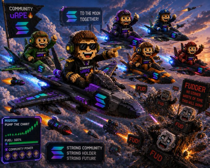 A vibrant pixel-art meme titled 'COMMUNITY WAPE' with the Solana logo, showing pixel characters flying jets toward the moon with slogans 'TO THE MOON TOGETHER!', 'FUD!', 'FUDDER', 'MISSION: PUMP THE CHART', and 'STRONG COMMUNITY, STRONG HOLDER, STRONG FUTURE'.
