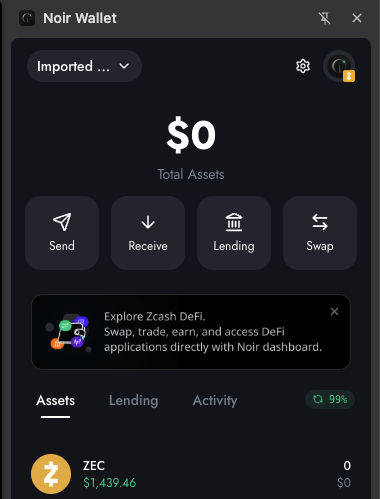 The image shows the Noir Wallet interface with a $0 total assets balance, displaying options for Send, Receive, Lending, and Swap, along with an asset holding 0 ZEC tokens. This relates to the post as it illustrates the Noir Wallet dashboard that users should download and import their Vizor keys into for browser support when minting.