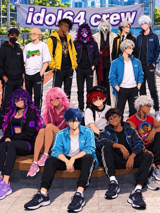 A group of anime-style characters pose together under a banner that reads 'idol64 crew'.