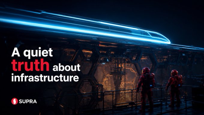 The image shows two people wearing red suits standing next to a train with blue lights coming out of its side. The text above them reads "A quiet truth about infrastructure: Nobody pays much attention to the rails. They notice the train arriving on time." This statement is related to the image, as it highlights how trains are often taken for granted and not given enough attention in terms of their importance in transportation systems.