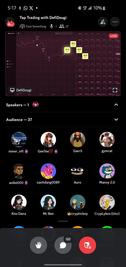 The image shows a phone screen displaying a social media app, possibly Instagram or Facebook, with various people's names and pictures visible. The main focus of the image is a group chat conversation among several users, including some who have joined the chat recently and others who are actively participating in the discussion. The post also mentions that there is a live trading session happening on the platform, which could be related to the Alpha distribution.
