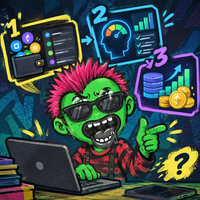A green-skinned punk character with a pink mohawk and sunglasses sits at a laptop, surrounded by three numbered panels illustrating wallet history tracking (1), behavioral analysis with a head diagram (2), and data-to-profit conversion featuring coins and database icons (3), directly visualizing the 3-step Web3 mastery process with Zeru Finance highlighted by a yellow question mark.