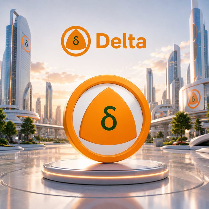 A 3D promotional image featuring the 'Delta' logo (an orange triangle symbol inside a circle) displayed on a futuristic circular pedestal against a modern city skyline at sunset.