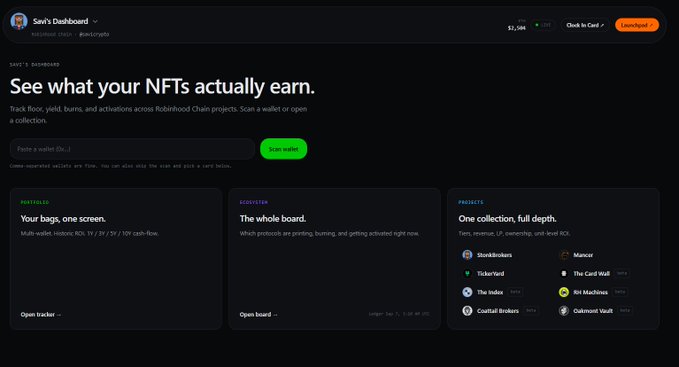 Screenshot of 'Sam's Dashboard' on Robinhood Chain showing NFT portfolio stats with sections for 'PORTFOLIO', 'SCOUTER', and 'PROJECTS'.