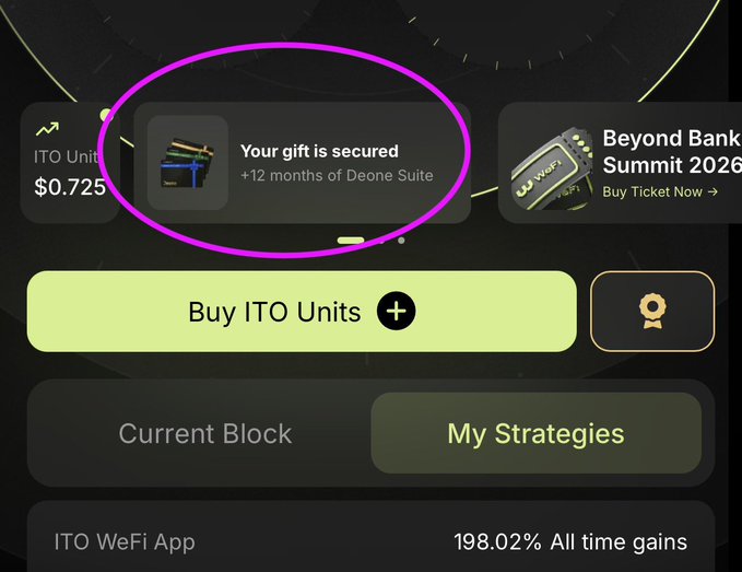 A cryptocurrency app screen displays a pink-circled notification reading 'Your gift is secured +12 months of Deone Suite', with a yellow 'Buy ITO Units' button and 'My Strategies' tab showing '198.02% All time gains'.
