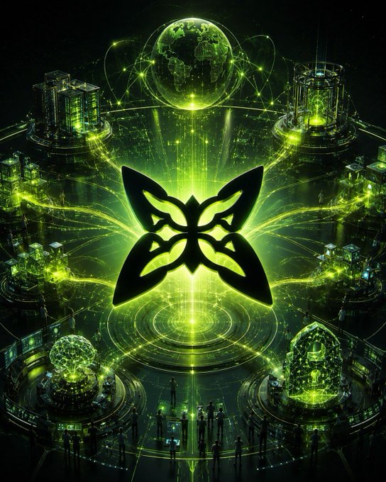 A futuristic green digital art piece featuring a central butterfly/moth emblem surrounded by glowing circuitry, data centers, and a holographic Earth globe, with silhouetted figures standing below.