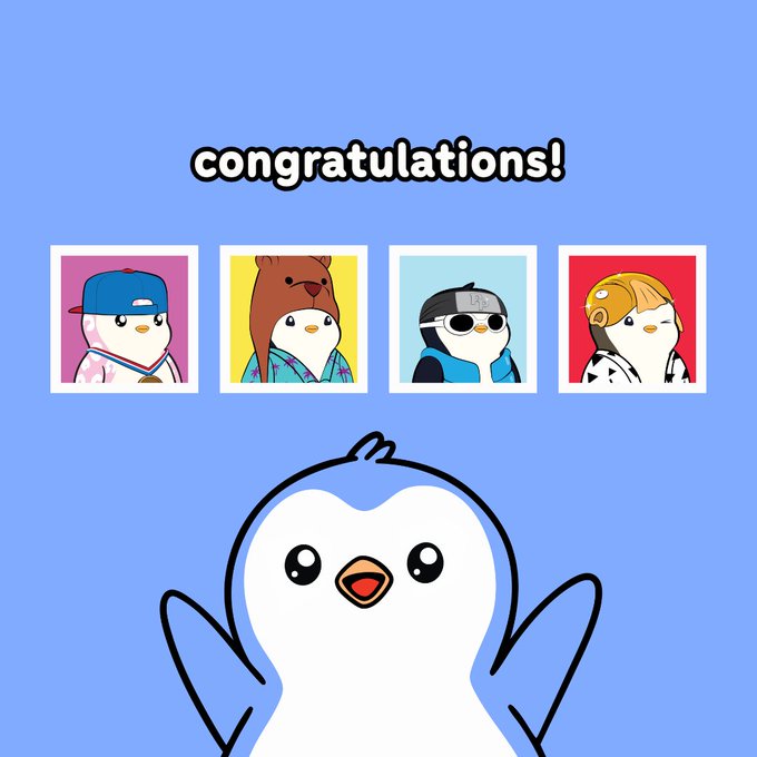 A cute cartoon penguin celebrates beneath the text "congratulations!" with four Polaroid-style portraits of stylish penguin characters, likely representing the four OG Penguins holders being recognized for their contributions to the brand.