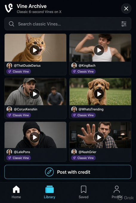 A mobile app interface titled 'Vine Archive' displaying classic 6-second Vines on X, featuring thumbnail videos from users like @ThatDudeDarius, @KingBach, @CoryxKenshin, @WhatsTrending, @LelePons, and @NashGrier, with a 'Post with credit' button at the bottom.