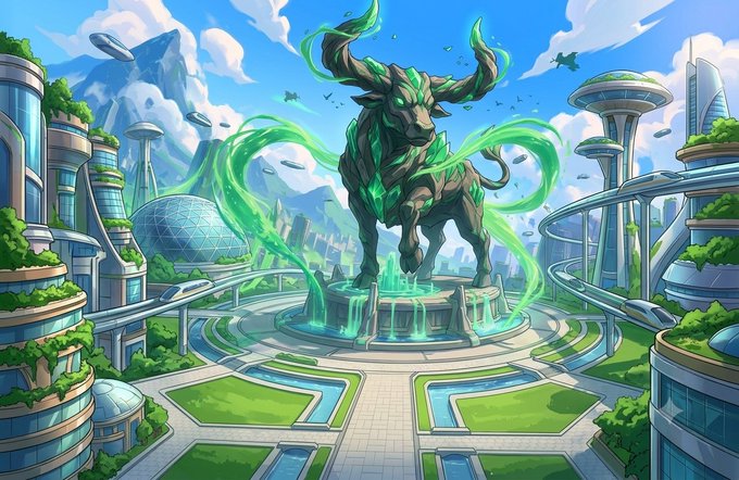 A massive bull statue made of dark stone and glowing green energy stands triumphantly in the center of a futuristic eco-city, symbolizing the bullish crypto optimism referenced in the caption about $ANSEM and an anticipated big week ahead.