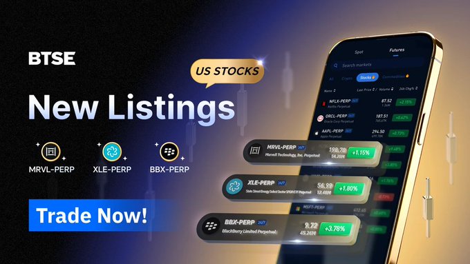 The image features a smartphone with a stock trading app displayed, showing new stock listing information for US stocks. The app has four different screens, each displaying a different stock symbol or name. The screen at the top of the image shows a gold-colored phone with the text "btse" and "US Stocks". Below it is another screen that reads "New Listings", followed by three more screens below it, all showing various US stock symbols such as "XLE", "BBX", and "Futura". The bottom of the image has a banner that says "Focus on what is in the image and how it relates to the post" written in white text.