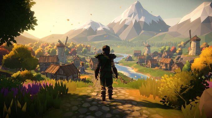 A digital fantasy illustration showing an armored figure standing on a cobblestone path overlooking a vibrant village with windmills, a river, and snow-capped mountains in the background.
