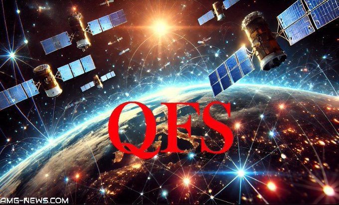 A stylized image showing multiple satellites orbiting Earth with glowing networks of light, featuring large red 'QES' text in the center.
