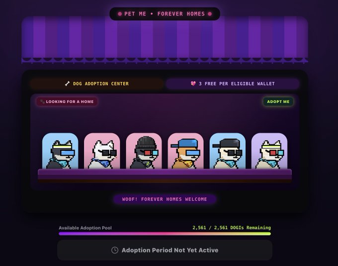 A 'PET ME • FOREVER HOMES' dog adoption center interface showing pixel art dog characters, with 2,501/2,501 DOGIs remaining.