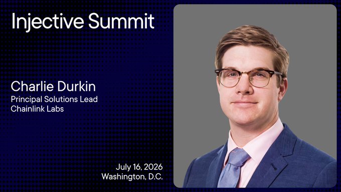 A speaker profile card for the Injective Summit featuring Charlie Durkin, Principal Solutions Lead at Chainlink Labs, dated July 16, 2026 in Washington, D.C., alongside his headshot.