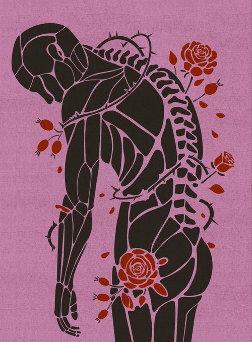 A stylized black illustration on a pink background depicting an anatomical-style skeletal figure with roses, thorns, and rose petals integrated into the design.