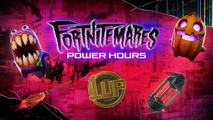 Promotional graphic for "Fortnitemares Power Hours" featuring the text "FORTNITEMARES POWER HOURS" alongside a "1UP" token, a Witch Broom, a Pumpkin Chesty container, and a creepy toothy creature, all set against a spooky red backdrop. The image visually represents the October 10 event's Halloween Sprites, Witch Broom chases, and Pumpkin Chests described in the post.