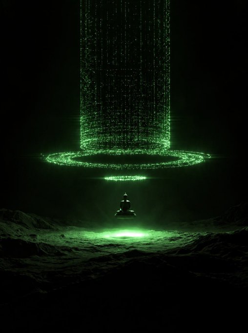 A dark, atmospheric digital artwork showing a lone figure meditating beneath a massive, glowing green cylindrical structure made of cascading digital code.
