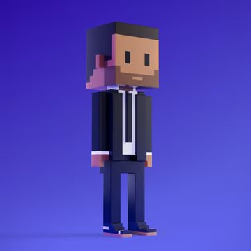 A Minecraft-style voxel character with brown skin and dark hair wears a black business suit with white shirt and tie, standing against a vibrant blue gradient background.