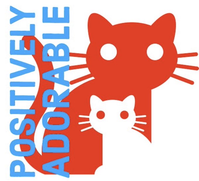 A red graphic features two stylized cat silhouettes (one large, one small) alongside the vertically-oriented blue text 'POSITIVELY ADORABLE'.