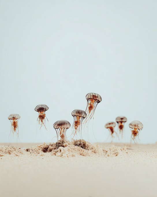 Several small, translucent jellyfish rest on a sandy ocean floor against a pale blue background, with their delicate tentacles trailing downward.